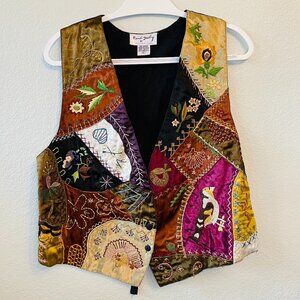 Rene Derhy Vintage Patchwork Fall Autumn Boho Embroidered Button Vest | Large